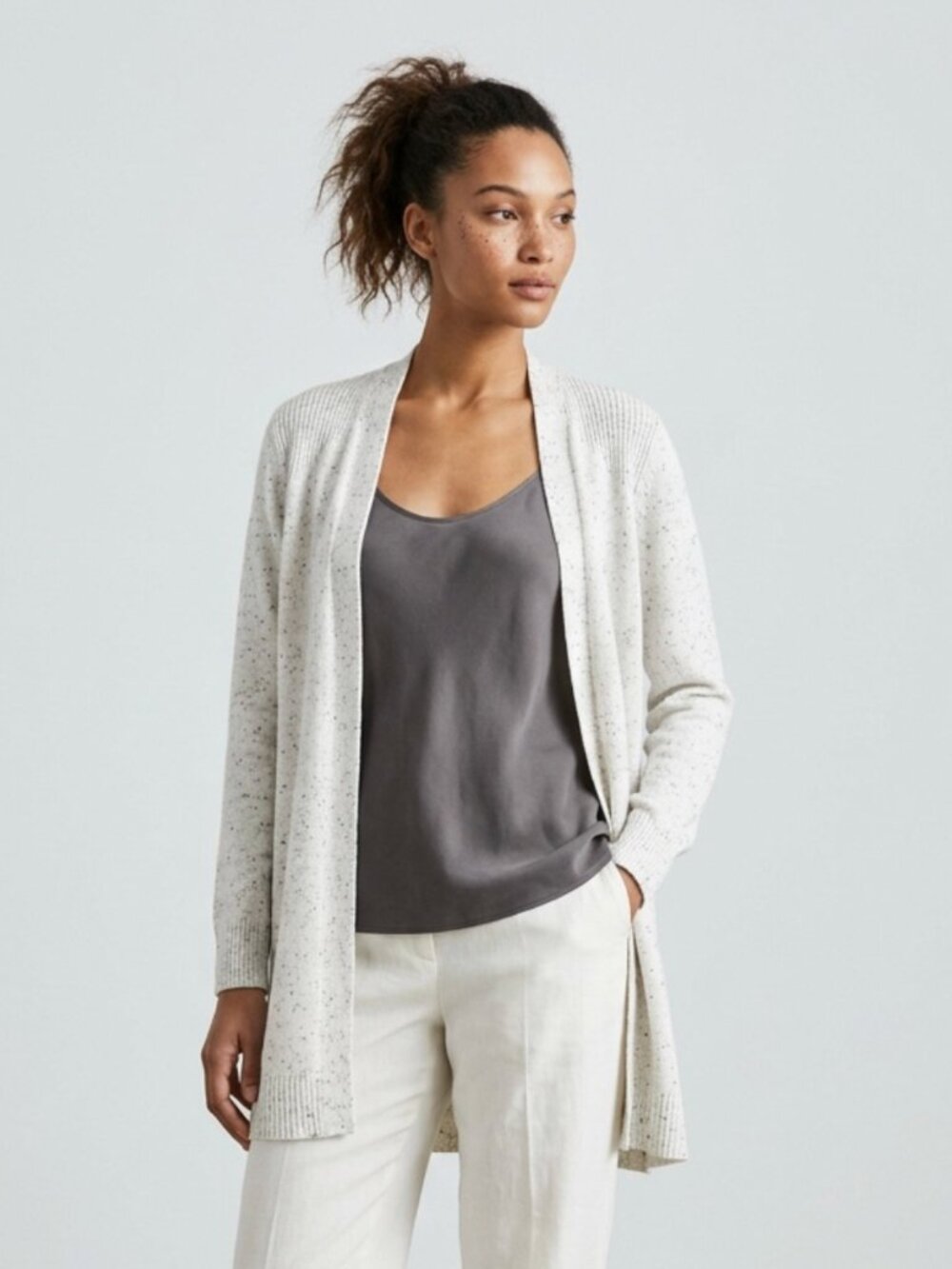 LINDA MATTHEWS | Light Gray Speckled Open Cardigan Sweater Sz L